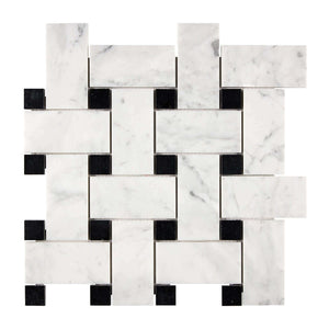 Bianco Carrara Marble Mosaic Large Basketweave with Black Dots Honed