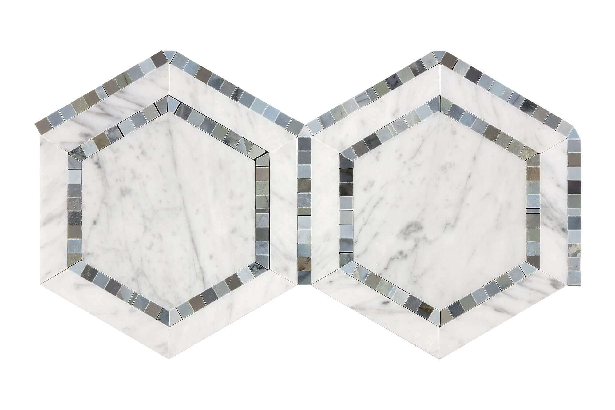 Bianco Carrara Marble Mosaic 6 Hexagon Combo with Blue Dots Honed