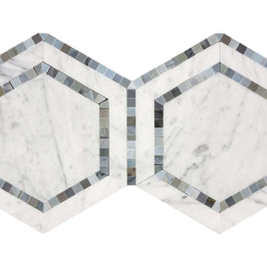 Bianco Carrara Marble Mosaic 6 Hexagon Combo with Blue Dots Honed