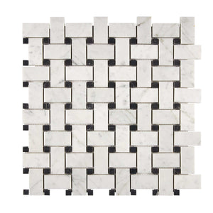 Bianco Carrara Marble Mosaic Basketweave with Black Dots Honed