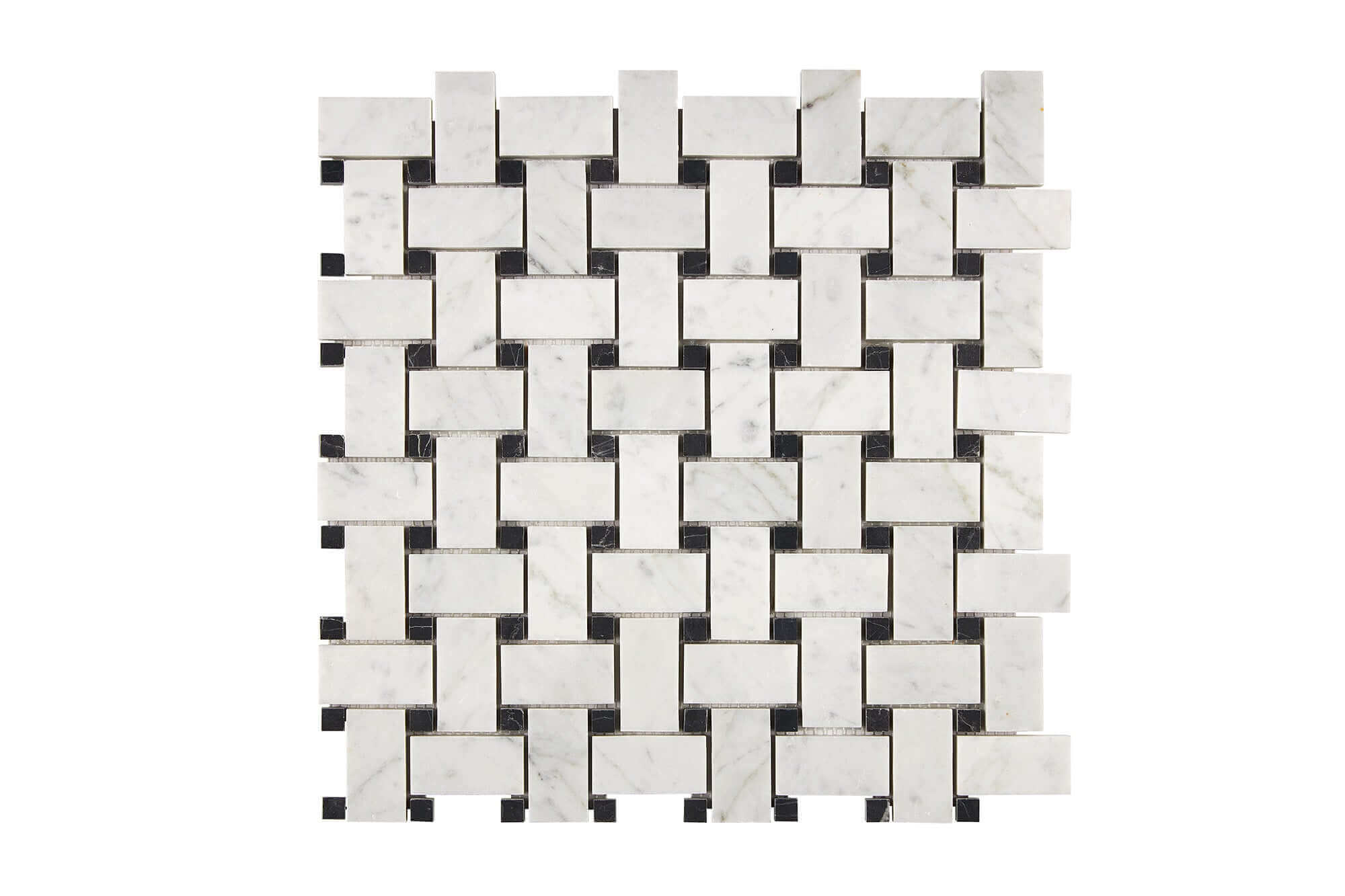Bianco Carrara Marble Mosaic Basketweave with Black Dots Polished