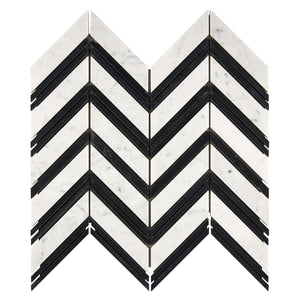 Bianco Carrara Marble Mosaic Chevr with Black Strips Honed