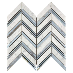 Bianco Carrara Marble Mosaic Chevr with Blue Stripes Honed
