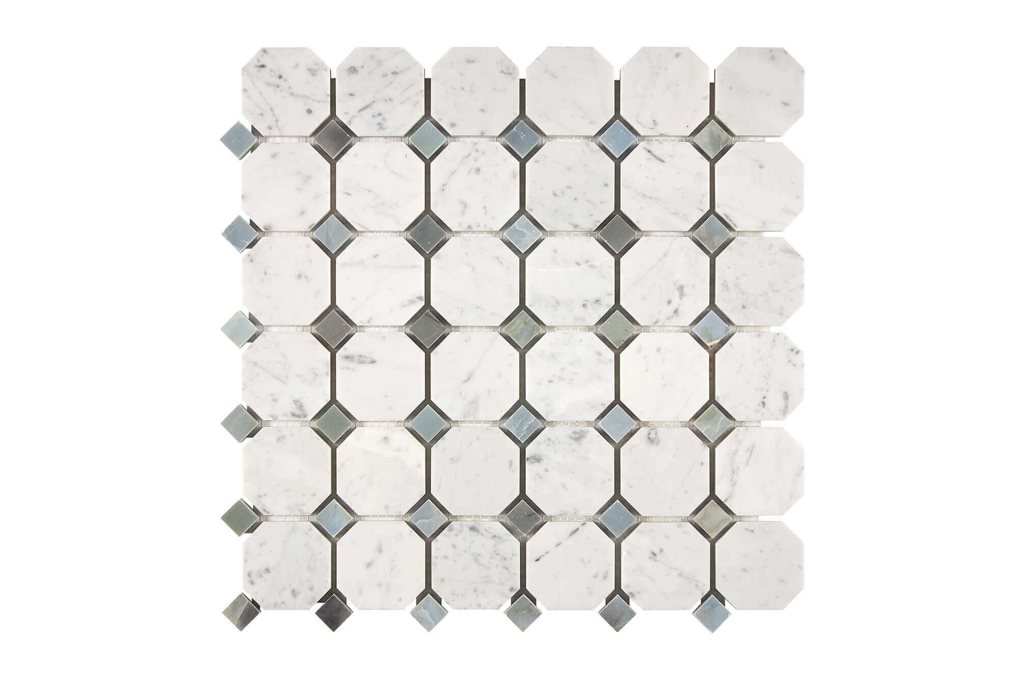Bianco Carrara Marble Mosaic Octagon with Blue Dots Honed