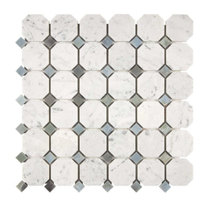Bianco Carrara Marble Mosaic Octagon with Blue Dots Honed