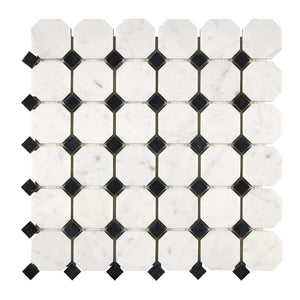 Bianco Carrara Marble Mosaic Octagon with Black Dots Polished