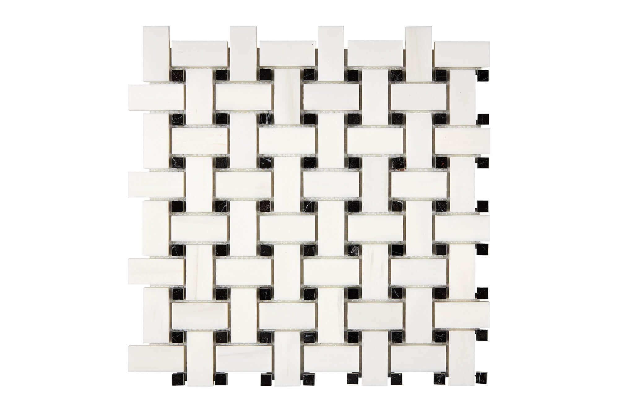 Bianco Dolomite Marble Mosaic Basketweave with Black Dots Honed