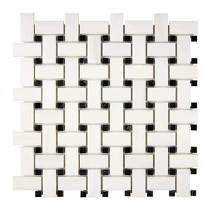Bianco Dolomite Marble Mosaic Basketweave with Black Dots Honed