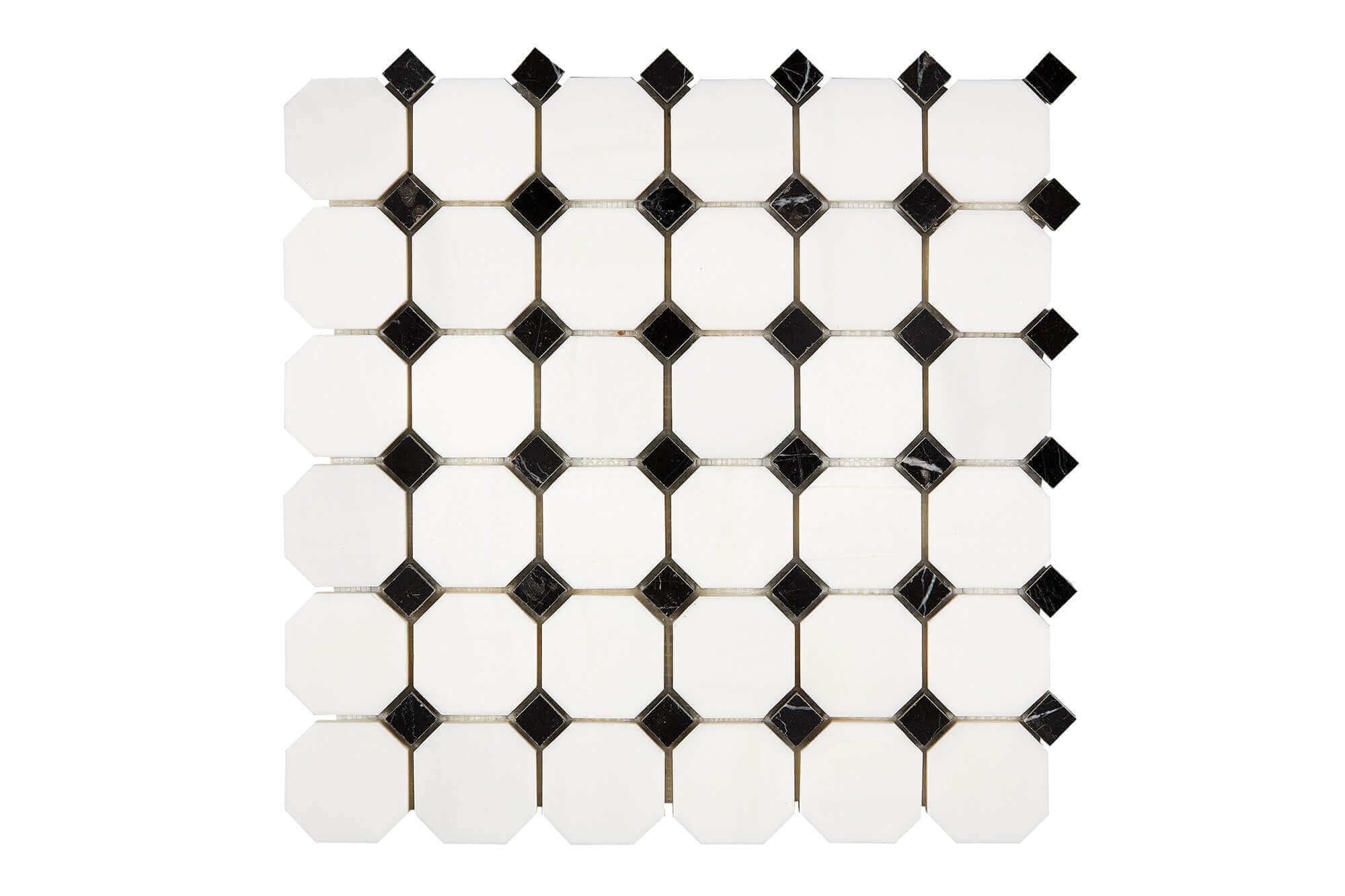 Bianco Dolomite Marble Mosaic Octagon with Black Dots Honed