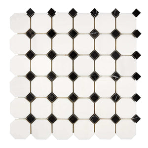 Bianco Dolomite Marble Mosaic Octagon with Black Dots Honed