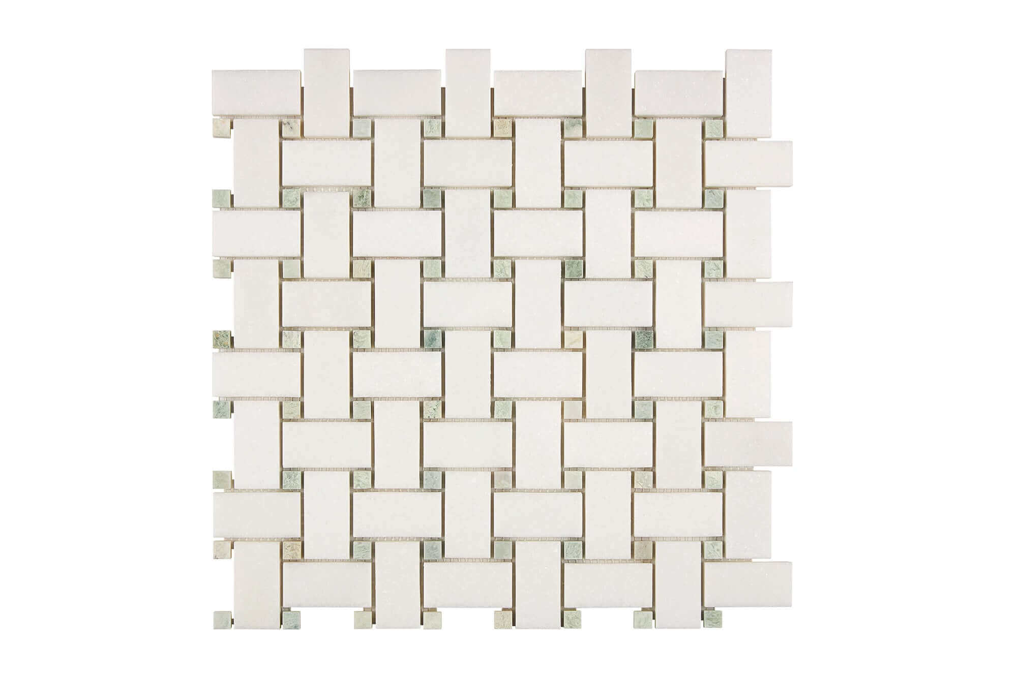 Thassos White Marble Mosaic Basketweave with Green dots Polished