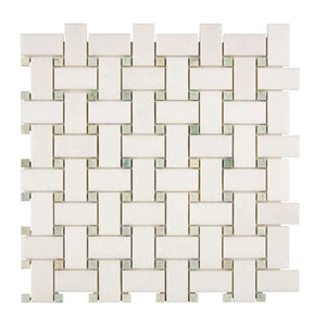 Thassos White Marble Mosaic Basketweave with Green dots Polished