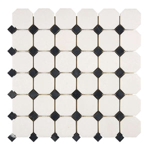 Thassos White Marble Mosaic Octagon with Black dots Polished
