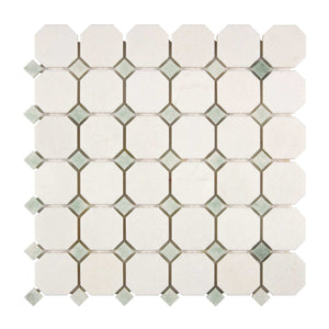 Thassos White Marble Mosaic Octagon with Green Dots Polished