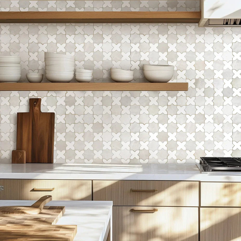 Kitchen backsplash with Constellation zellige mosaic (Heritage) — white cross and soft gray star pattern, glossy handmade look