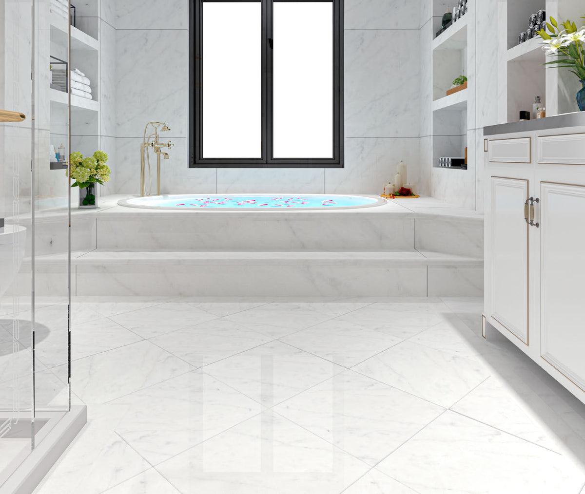 Aria Carrara White marble tile and mosaic collection with soft gray veining for bathrooms, backsplashes, shower walls, floors, and classic interiors.