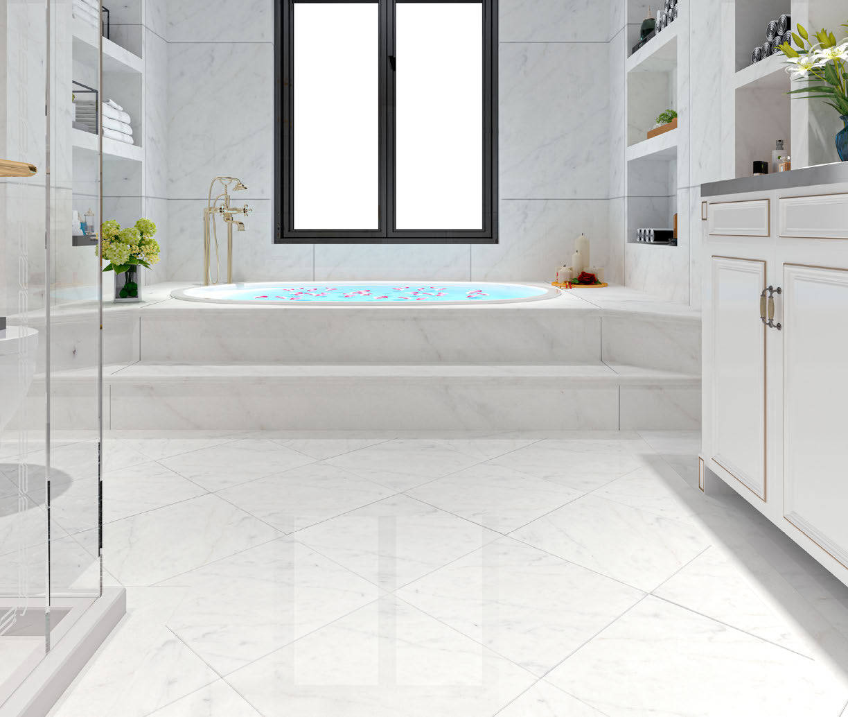 Aria Carrara White marble shower with herringbone mosaic floor and 3x6 subway walls