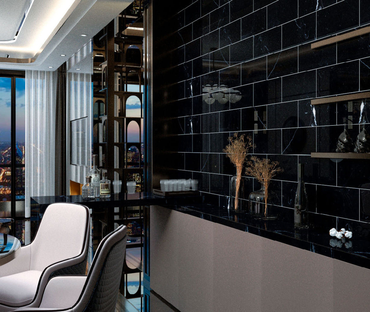 Aria Nero marble tile and mosaic collection with deep black natural stone and bold white veining for feature walls, floors, backsplashes, and accents.