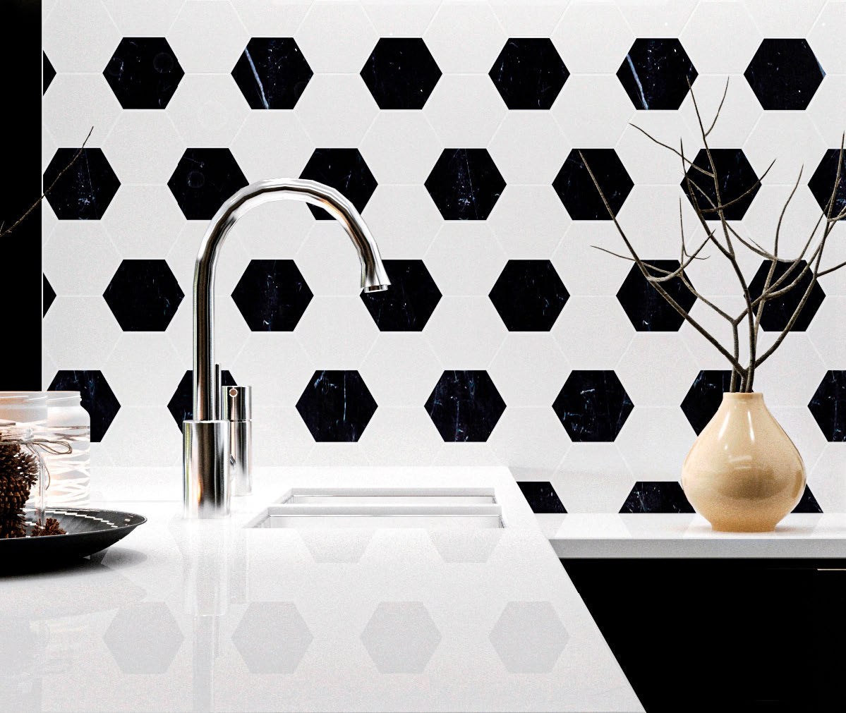 Aria Thassos White marble bathroom with bright aria nero black hexagon tiles wall.