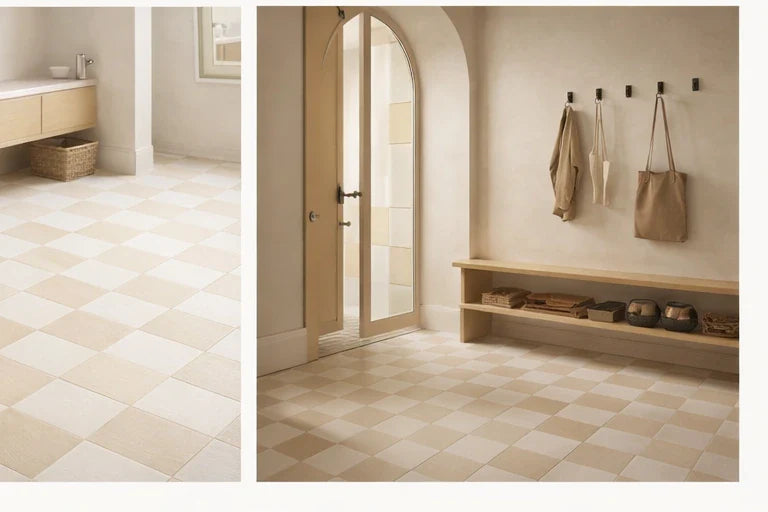 Checkerboard porcelain floor in Chalk Wash and Nomad Dune, matte plaster-look tiles, seamless no-grout appearance, commercial interior setting
