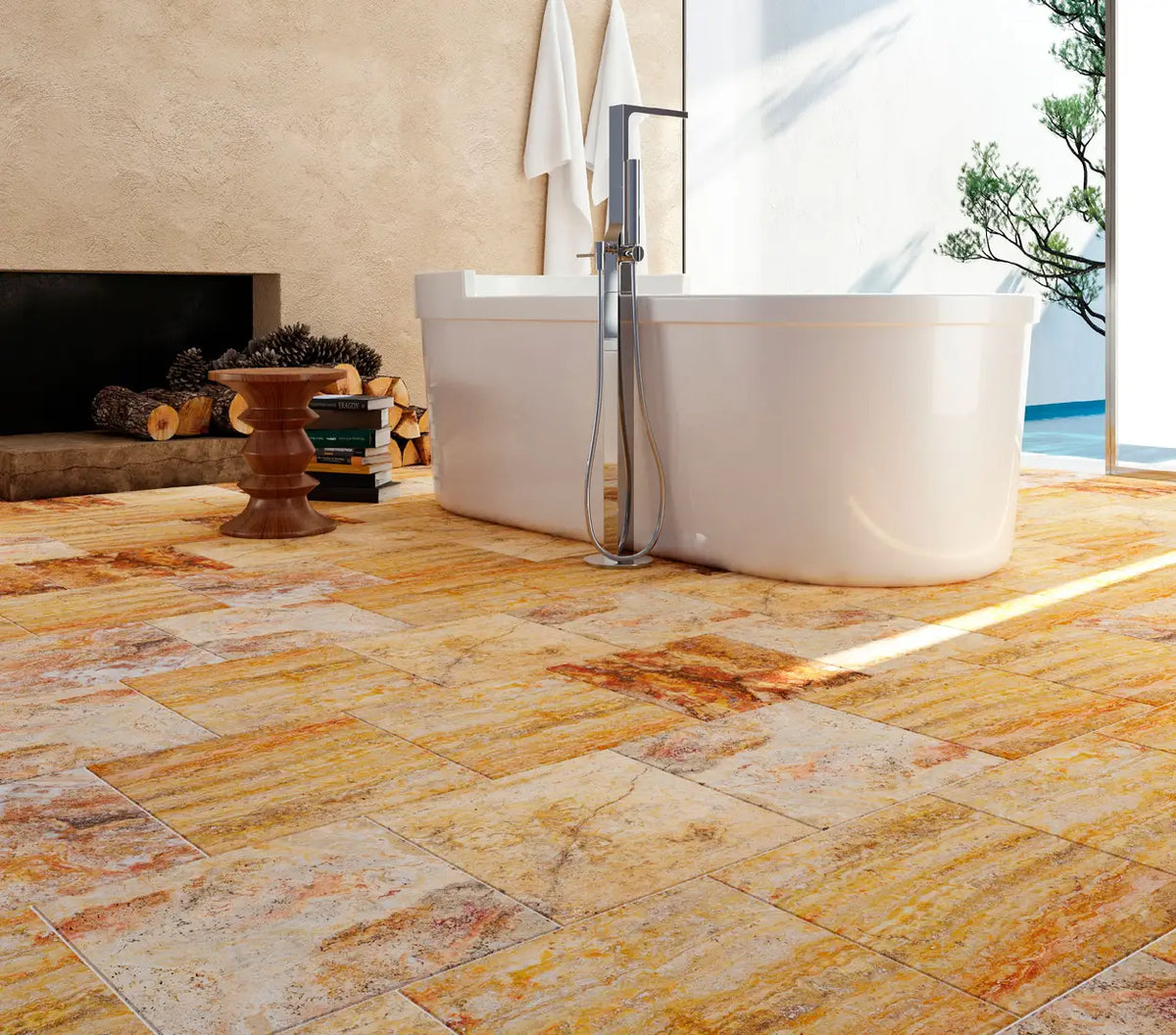 FORUM travertine tile and mosaic collection showing warm natural stone with pores, soft banding, and quiet variation for floors and walls.