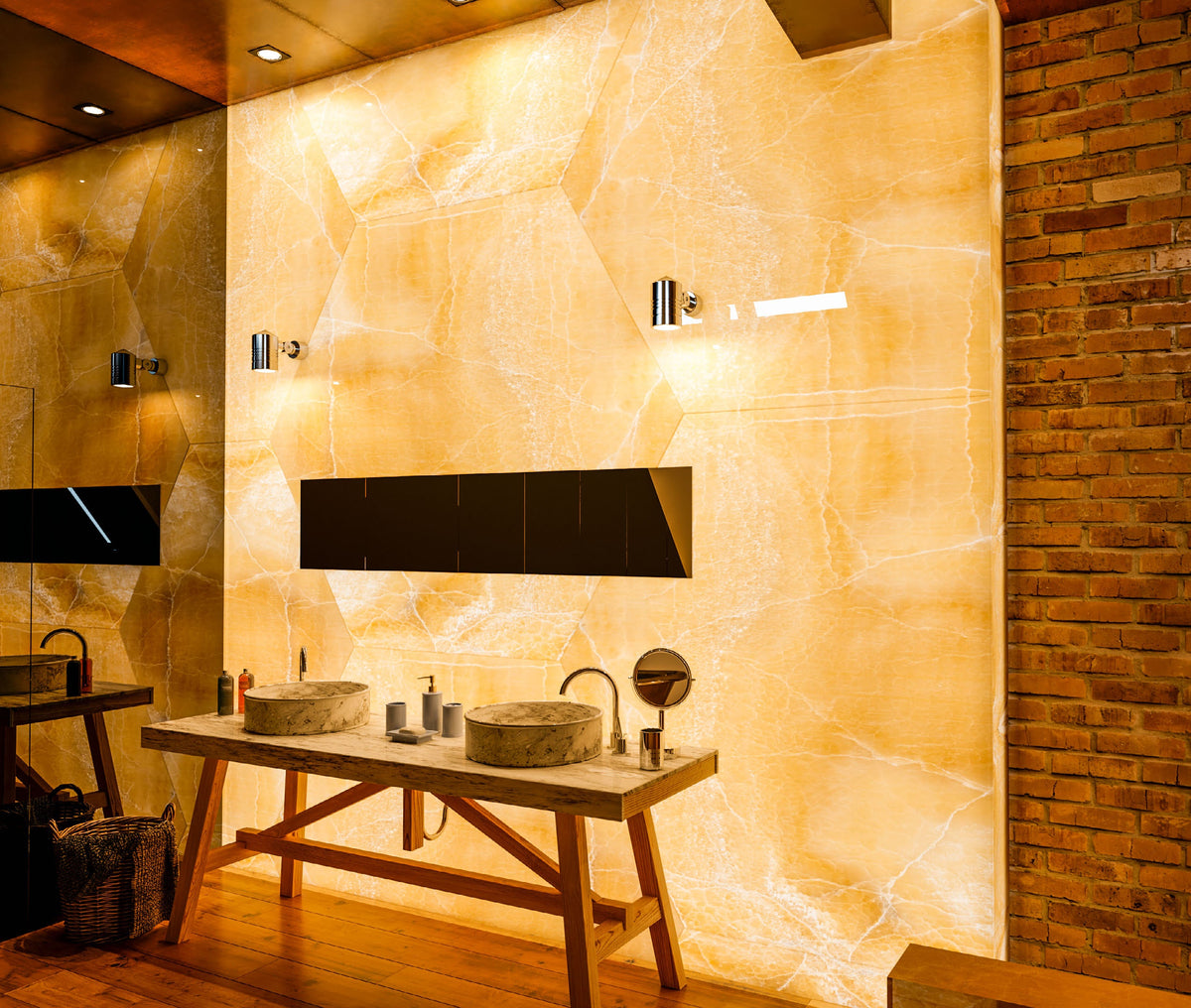 Opalus Honey onyx feature wall with warm honey-gold translucency and natural veining as a luxury vanity backdrop.
