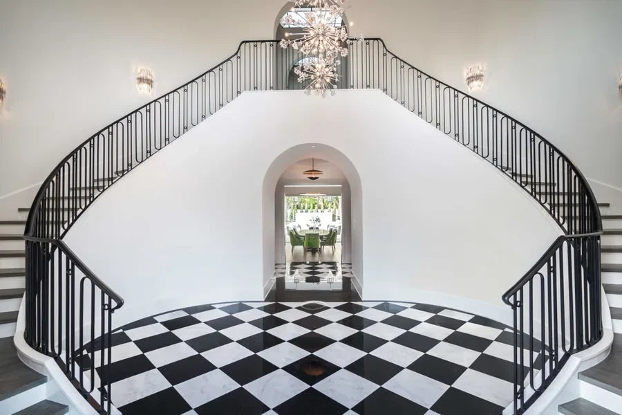Luxury home entry featuring stone crush nero marquina bianco dolomite checkerboard collection