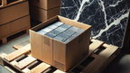 Box of tiles on a wooden pallet with a marble slab in the background for Request Samples program.