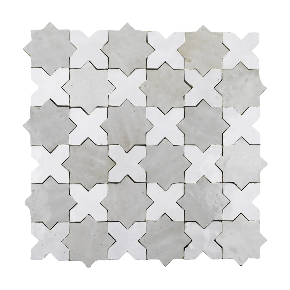 Constellation zellige mosaic sheet (Heritage) — white cross and soft gray star pattern, glossy handmade finish