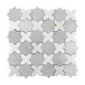 Constellation zellige mosaic sheet (Heritage) — white cross and soft gray star pattern, glossy handmade finish
