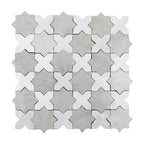 Constellation zellige mosaic sheet (Heritage) — white cross and soft gray star pattern, glossy handmade finish