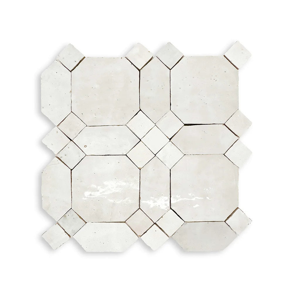  Gallery zellige mosaic sheet in glossy white with geometric octagon-and-cross pattern (Heritage)