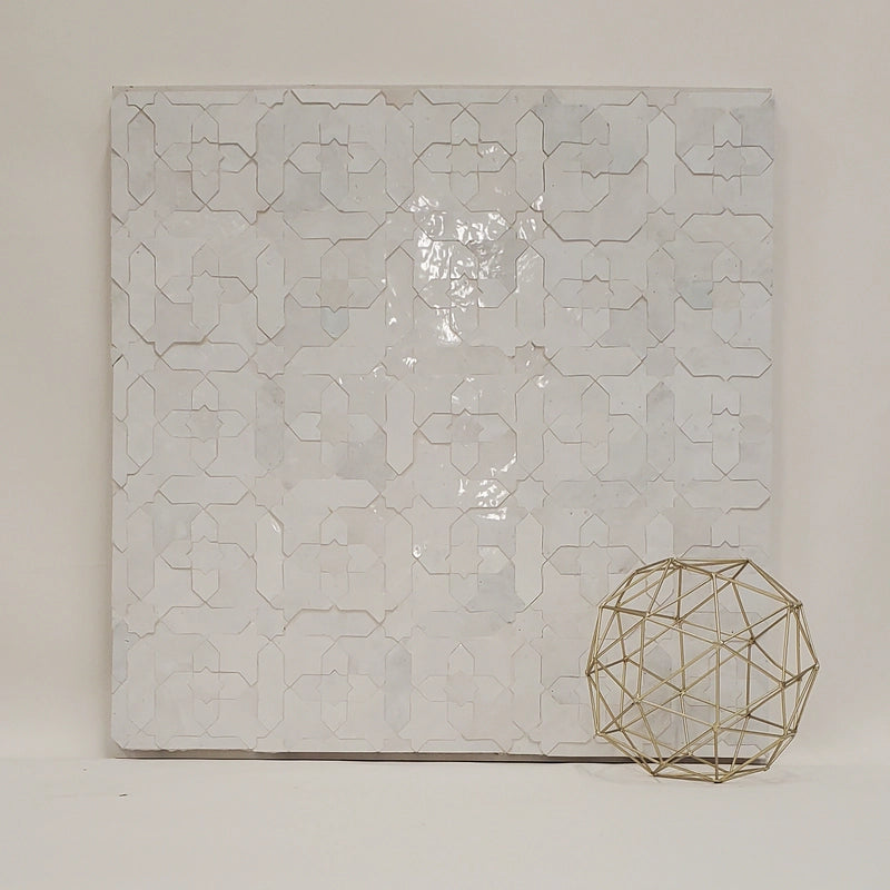 Sunburst zellige mosaic display panel in glossy white showing overall pattern and shine (Heritage).