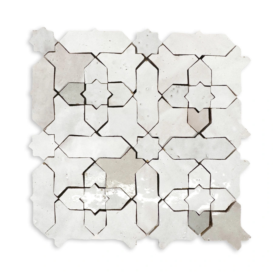 Sunburst zellige mosaic sheet in glossy white with geometric interlocking pattern (Heritage).