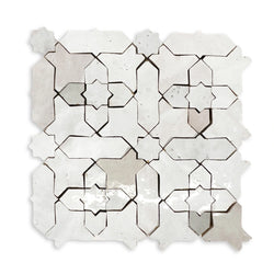 Sunburst zellige mosaic sheet in glossy white with geometric interlocking pattern (Heritage).