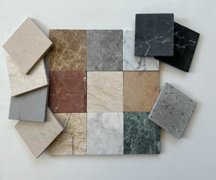 Collection of square tiles with various stone patterns on a white background by ArtePierre. Sample available.