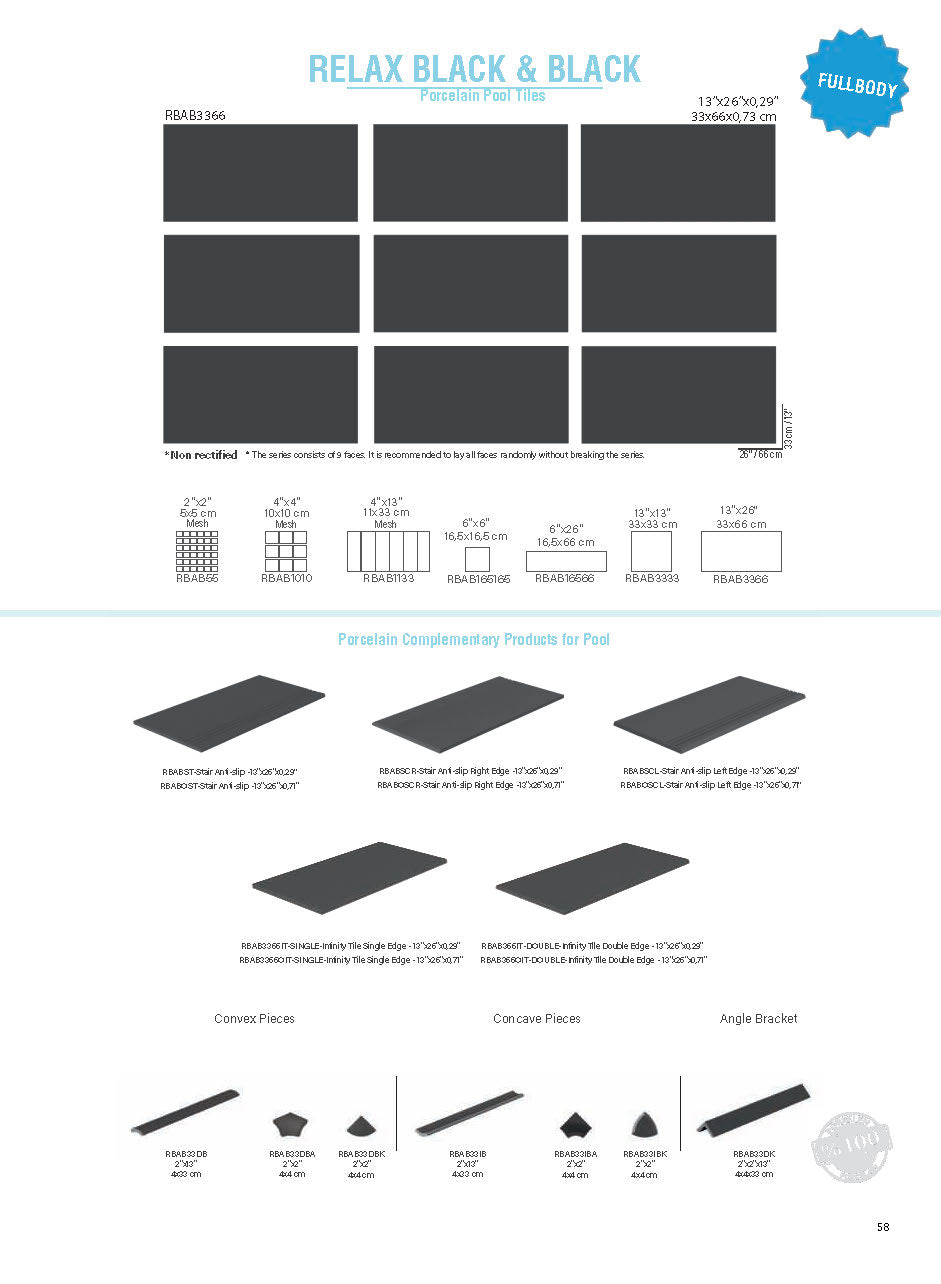 SeraPool RELAX Black & Black full-body porcelain pool tile field color chart with 9 faces and 13x26 (33x66 cm) non-rectified field tile series, distributed by ArtePierre