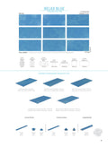 “SeraPool RELAX Blue porcelain pool tile field color chart showing 9 faces and available formats (13x26, 13x13, mosaics) with matching pool edge and trim pieces.”