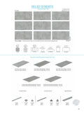 RELAX Cemento porcelain pool tile by SeraPool — catalog page with 13×26 (33×66 cm) field tile, 9-face variation, and matching mosaics and pool edge pieces.