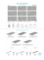 RELAX Cemento porcelain pool tile by SeraPool — catalog page with 13×26 (33×66 cm) field tile, 9-face variation, and matching mosaics and pool edge pieces.