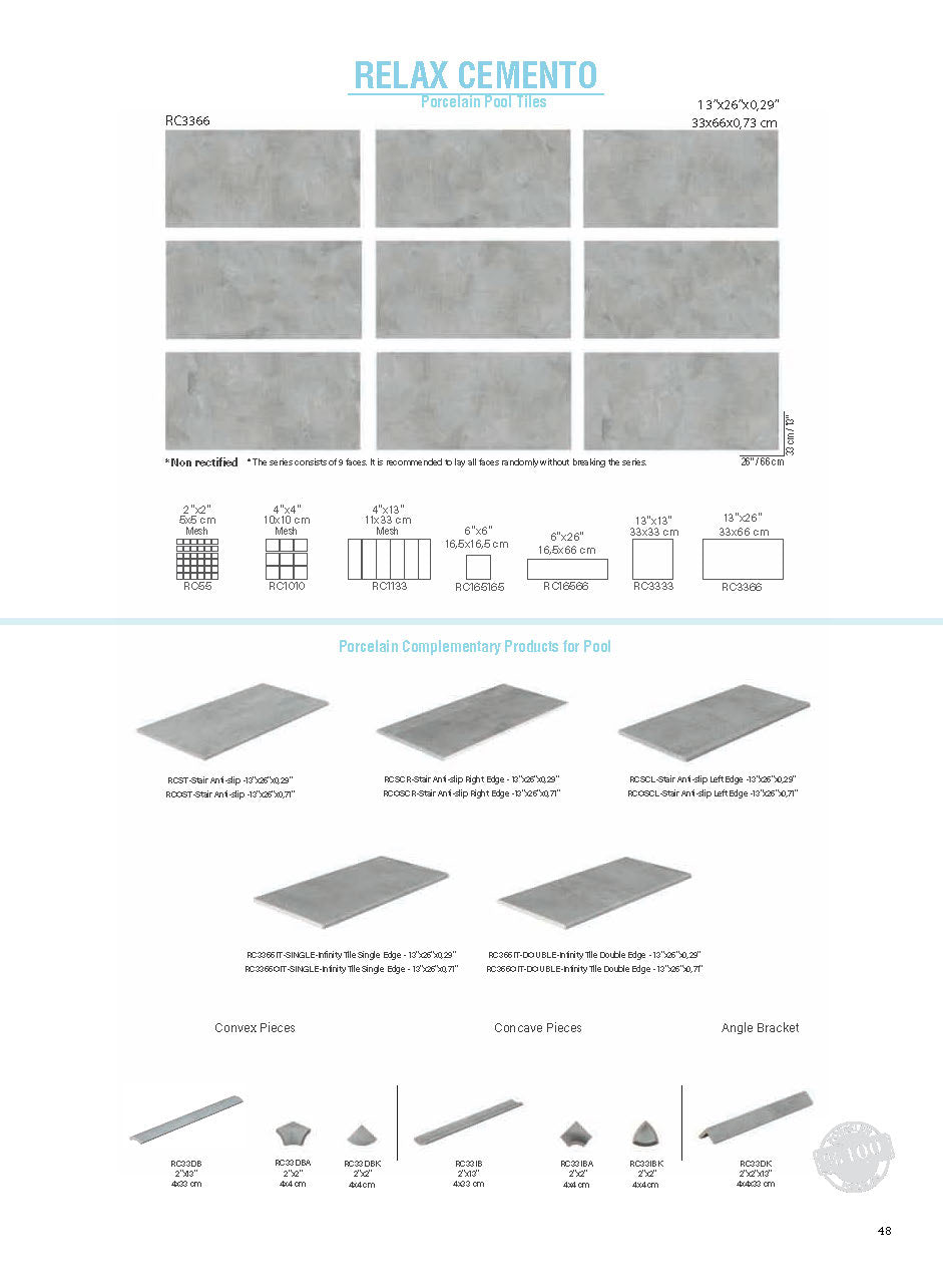 RELAX Cemento porcelain pool tile by SeraPool — catalog page with 13×26 (33×66 cm) field tile, 9-face variation, and matching mosaics and pool edge pieces.