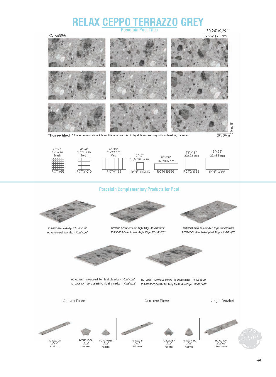 SeraPool RELAX Ceppo Terrazzo Grey porcelain pool tile field page showing terrazzo-look 9-face variation and formats including 13x26 field tile