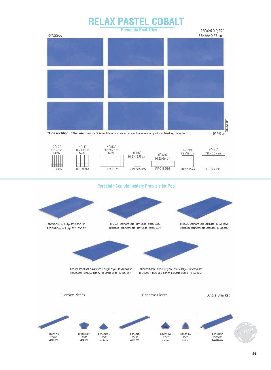 SeraPool RELAX Pastel Cobalt porcelain pool tile system sheet featuring 13x26 field tile (33x66 cm), matching mosaics and pool accessories
