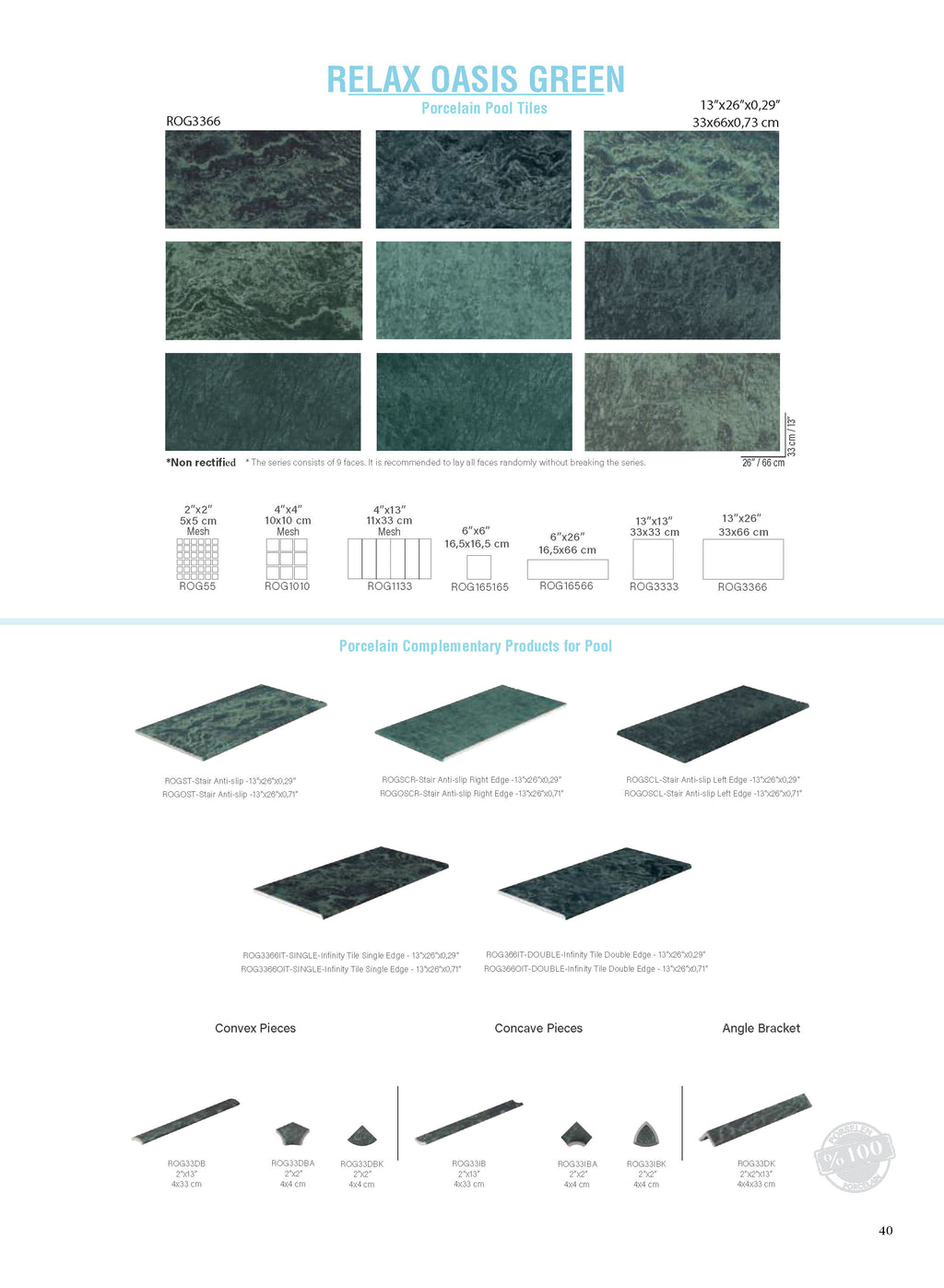 SeraPool RELAX Oasis Green porcelain pool tile series guide showing 9 face textures, 13x26 field tile, mosaic formats, and matching pool trim and edge components
