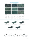 SeraPool RELAX Oasis Green porcelain pool tile series guide showing 9 face textures, 13x26 field tile, mosaic formats, and matching pool trim and edge components