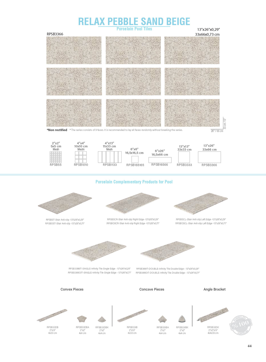 SeraPool RELAX Pebble Sand Beige porcelain pool tile spec sheet with 13x26 field tile faces, mosaic formats, and matching pool step edges and overflow/infinity trim pieces.