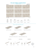 SeraPool RELAX Pebble Sand Beige porcelain pool tile spec sheet with 13x26 field tile faces, mosaic formats, and matching pool step edges and overflow/infinity trim pieces.
