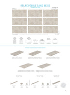 SeraPool RELAX Pebble Sand Beige porcelain pool tile spec sheet with 13x26 field tile faces, mosaic formats, and matching pool step edges and overflow/infinity trim pieces.