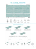 SeraPool RELAX Pastel Turquoise porcelain pool tile field series sheet showing 13x26 field tile and matching mosaics plus pool edge accessories