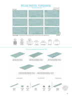 SeraPool RELAX Pastel Turquoise porcelain pool tile field series sheet showing 13x26 field tile and matching mosaics plus pool edge accessories